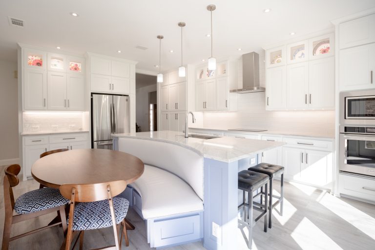 Kitchen with recessed lighting and pendant lights
